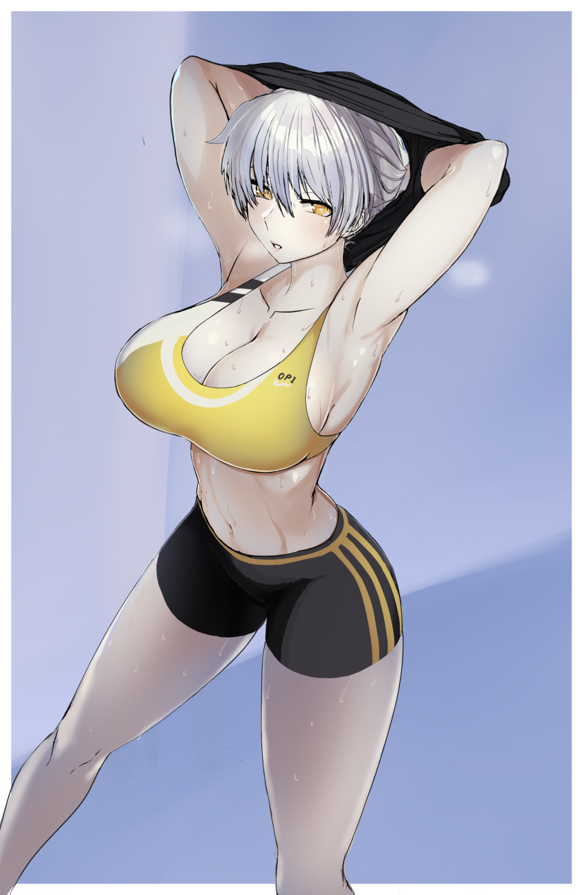 1girl absurdres armpits arms_up bare_legs breasts breath cleavage clothes_lift collarbone english_commentary highres jeaike_art large_breasts lavender_background lips long_bangs looking_to_the_side miyabi_(senran_kagura) parted_lips senran_kagura senran_kagura_estival_versus senran_kagura_shinovi_versus shirt_lift shorts simple_background sports_bra standing steam stomach sweat undressing white_hair yellow_eyes yellow_sports_bra