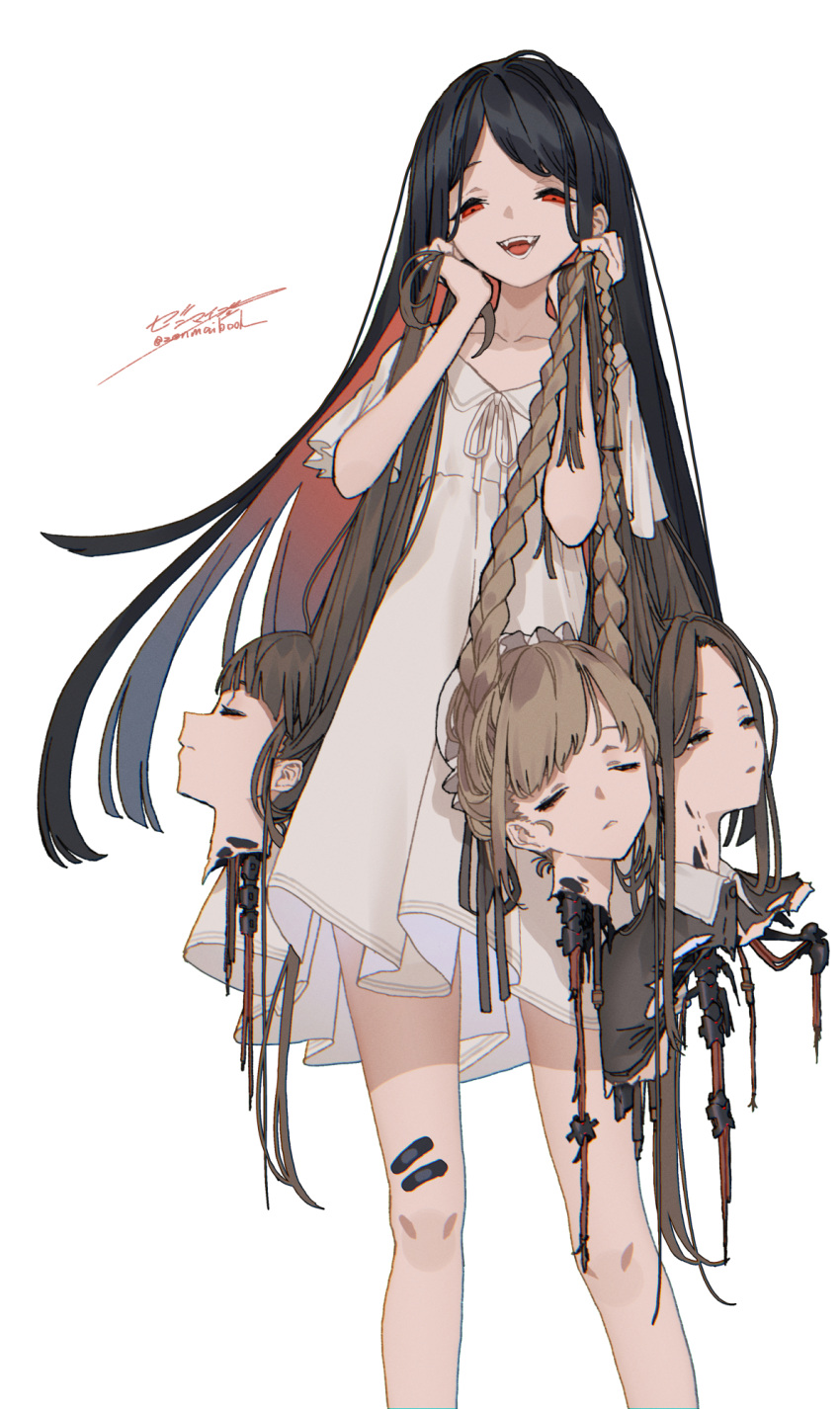 1girl android bandaid bandaid_on_leg black_hair braid brown_hair cable collarbone colored_inner_hair decapitation disembodied_head highres long_hair looking_at_viewer multicolored_hair original red_eyes red_hair signature standing twin_braids white_background zenmaibook