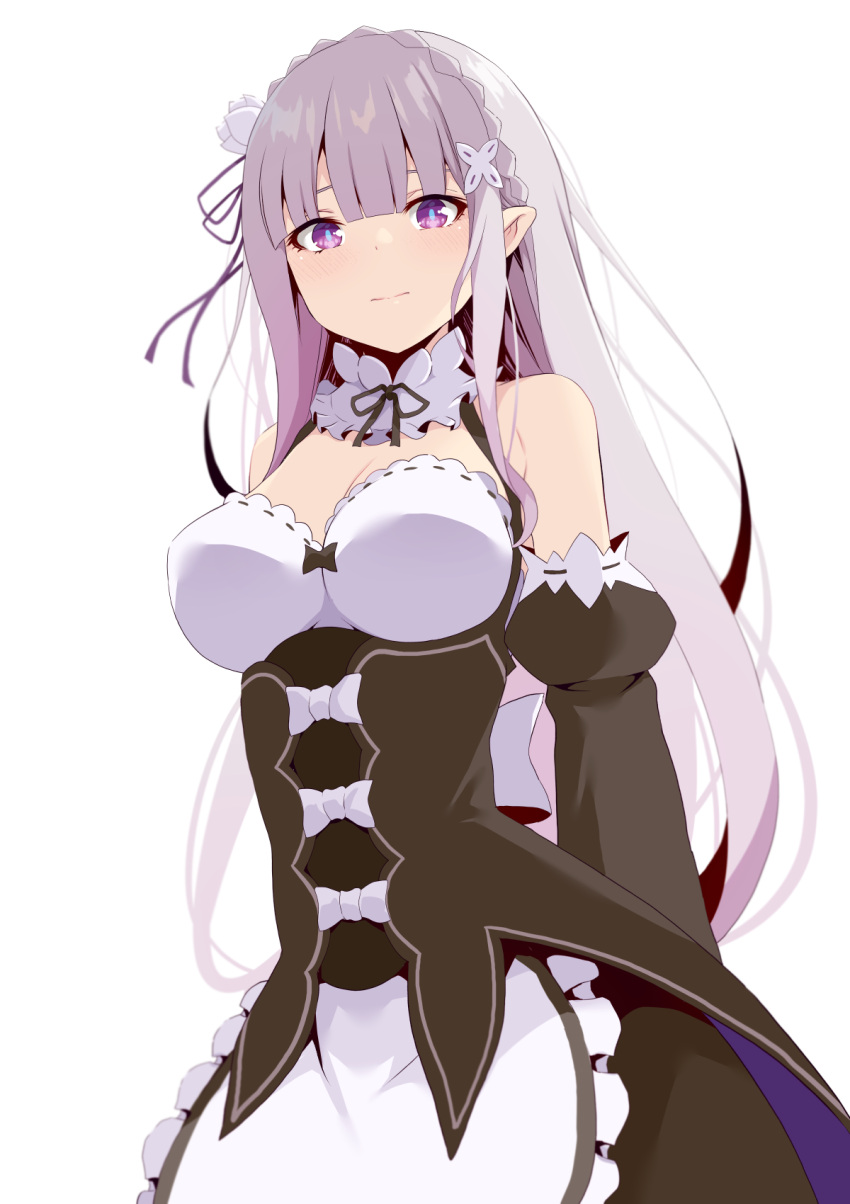 1girl alternate_costume arms_behind_back blunt_bangs bow bowtie braid breasts choker cleavage commentary_request crown_braid detached_sleeves emilia_(re:zero) enmaided flower frilled_choker frills grey_hair hair_bow hair_flower hair_ornament hair_ribbon highres long_hair long_sleeves looking_at_viewer maid pointy_ears purple_eyes re:zero_kara_hajimeru_isekai_seikatsu ribbon simple_background smile solo white_background wide_sleeves yasehattagi