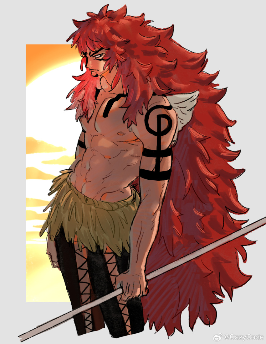 1boy abs calgara cropped_legs cross-laced_clothes cross-laced_legwear facial_hair goatee highres holding holding_polearm holding_weapon long_hair looking_ahead male_focus mature_male mcbuckwheat mini_wings nipples one_piece pectorals polearm red_hair sanpaku serious solo stomach sunset tattoo thick_eyebrows toned toned_male topless_male tribal tribal_tattoo very_long_hair weapon wings