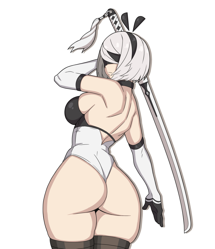 1girl absurdres animal_ears ass back breasts curvy highres looking_at_viewer nier:automata nier_(series) playboy_bunny potatoartox rabbit rabbit_ears short_hair simple_background solo thighhighs white_background white_hair yorha yorha_no._2_type_b