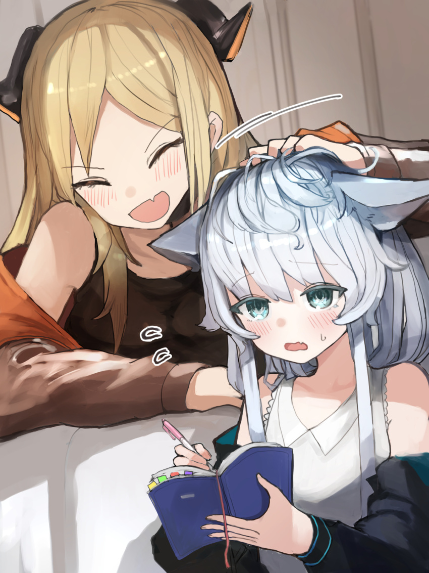 2girls animal_ears arknights black_jacket blonde_hair blue_eyes blush book bookmark brown_jacket cat_ears cat_girl closed_eyes demon_girl demon_horns fang grey_hair headpat highres holding holding_book holding_pen horns ifrit_(arknights) jacket kojica_(kojica45) long_hair long_sleeves multiple_girls open_mouth pen rosmontis_(arknights) shirt skin_fang white_shirt