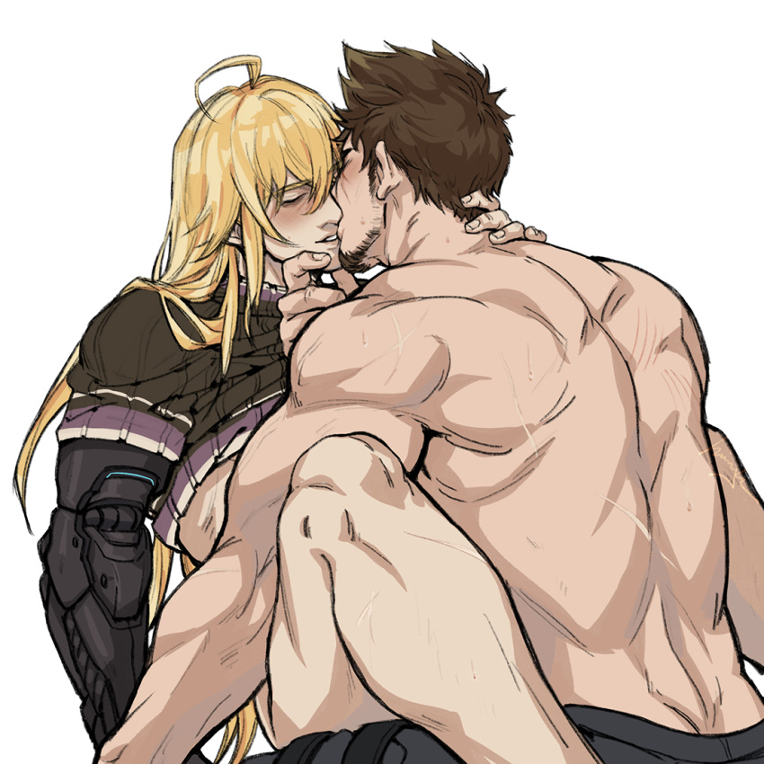 2boys ahoge back bara beard blonde_hair blush bottomless brown_hair butt_crack character_request clothed_sex clothes_lift couple cuts facial_hair feet_out_of_frame from_behind grabbing_another's_chin hand_on_another's_chin hand_on_another's_neck implied_anal implied_sex injury kiss long_hair long_sideburns male_focus minghii multiple_boys muscular muscular_male official_alternate_costume rex_(xenoblade) scar shirt_lift short_hair sideburns sitting sitting_on_lap sitting_on_person spiked_hair straddling topless_male upright_straddle white_background xenoblade_chronicles_(series) xenoblade_chronicles_3 xenoblade_chronicles_3:_future_redeemed yaoi