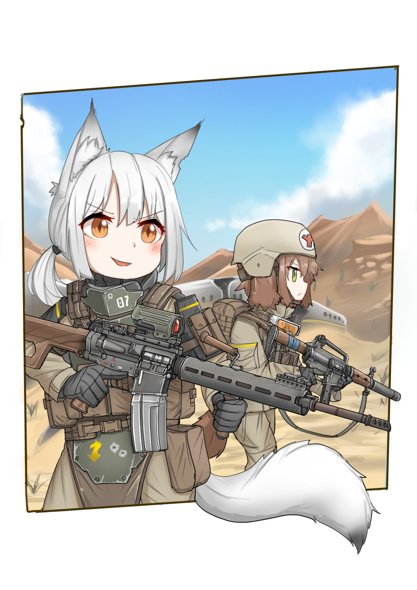 2girls absurdres animal_ear_fluff animal_ears assault_rifle blush brown_hair desert duct_tape green_eyes grey_hair gun helmet highres holding holding_gun holding_weapon military_operator multiple_girls orange_eyes original rifle scope srtdrawart tactical_clothes tail trigger_discipline weapon