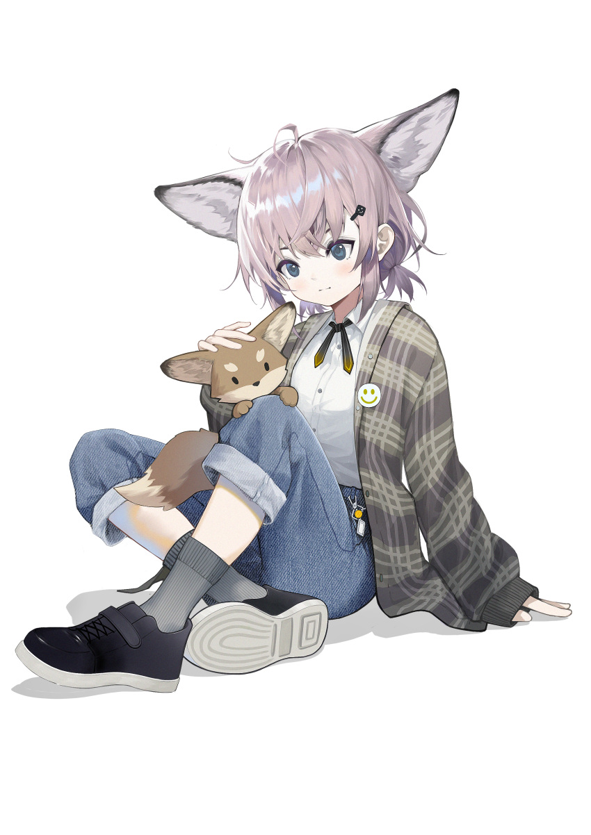 1girl absurdres alternate_costume animal_ears arknights black_footwear blue_eyes casual cigarette_p closed_mouth collared_shirt commentary_request denim fox fox_ears fox_girl full_body grey_hair grey_socks hair_ornament hairclip highres indian_style jeans knees_up long_sleeves medium_hair on_ground open_clothes open_shirt pants pants_rolled_up petting plaid plaid_shirt shirt shoe_soles simple_background sitting sleeves_past_wrists smiley_face socks solo sussurro_(arknights) white_background white_shirt