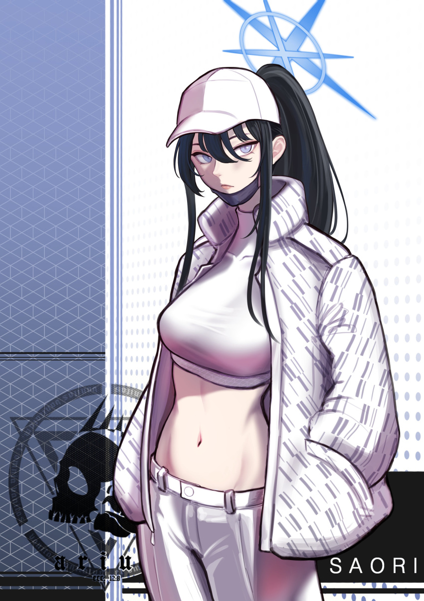 1girl absurdres alternate_costume alternate_hair_color alternate_hairstyle baseball_cap belt black_hair blue_archive casual commentary_request darimi_2 grey_eyes hair_between_eyes halo hat highres jacket long_hair long_sleeves looking_at_viewer mask mask_removed mouth_mask navel open_clothes open_jacket pants ponytail saori_(blue_archive) sidelocks simple_background sleeveless solo stomach surgical_mask tank_top white_jacket white_pants