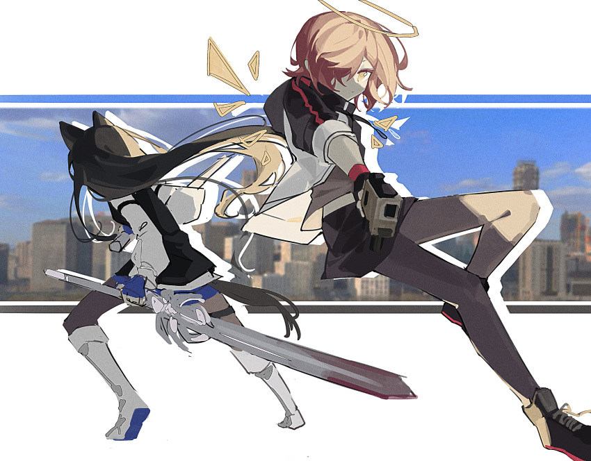 2girls absurdres aiming aiming_at_viewer animal_ears arknights back-to-back black_footwear black_hair black_pantyhose black_skirt black_vest blue_gloves blue_shorts boots chinese_commentary commentary_request drop_shadow exusiai_(arknights) facing_away fingerless_gloves gloves gun hair_over_one_eye halo haobuguniao highres holding holding_sword holding_weapon knee_boots knee_up letterboxed long_hair multiple_girls pantyhose photo_background red_eyes red_hair shirt short_hair short_sleeves shorts skirt sword tail texas_(arknights) texas_the_omertosa_(arknights) vest weapon white_footwear white_shirt wings wolf_ears wolf_girl wolf_tail