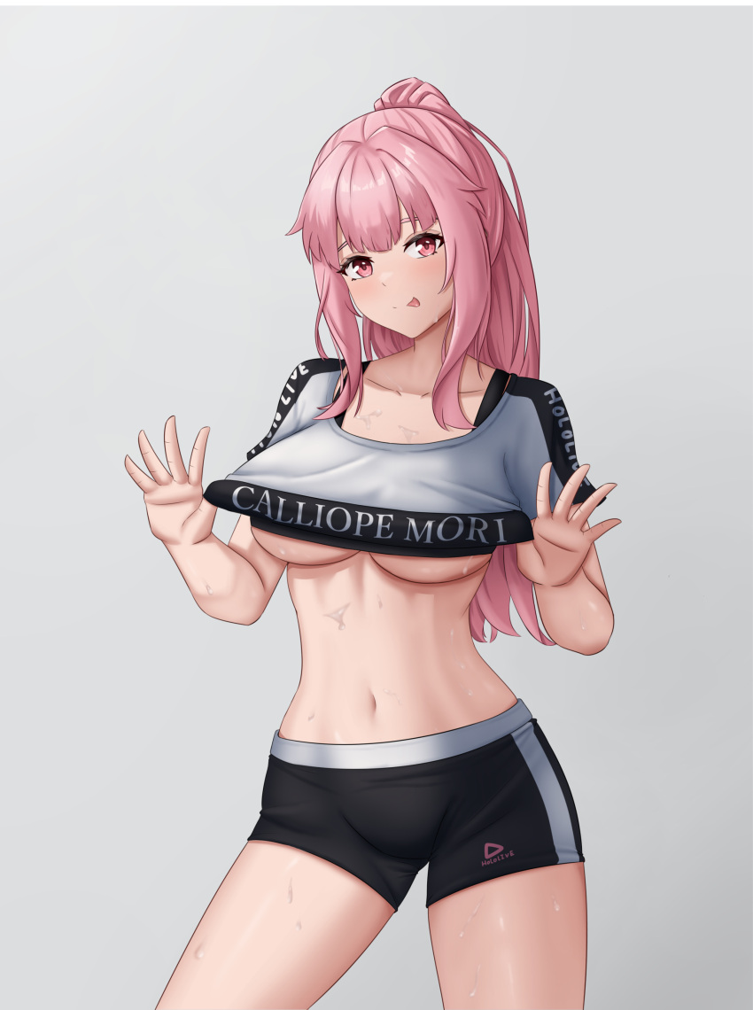 1girl absurdres azurecruiser blush breasts clothes_lift collarbone crop_top curvy english_commentary grey_background hands_up highres hololive hololive_dance_practice_uniform hololive_english long_hair looking_at_viewer mori_calliope navel pink_eyes pink_hair ponytail shirt_lift short_sleeves shorts sidelocks simple_background smile stomach sweat thighs tongue tongue_out underboob virtual_youtuber workout_clothes