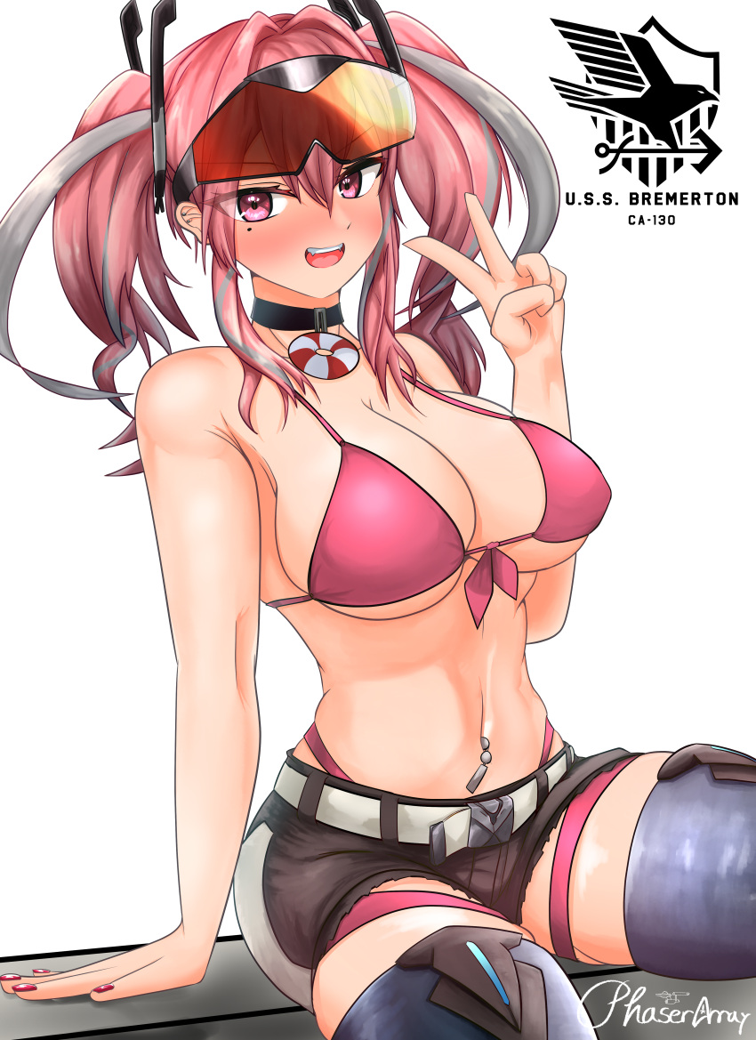 1girl :d absurdres arm_support aviator_sunglasses azur_lane bare_shoulders belt bikini black_choker black_shorts blue_thighhighs bracelet breasts bremerton_(azur_lane) character_name choker cleavage commentary covered_nipples cutoffs eagle_union_(emblem) ear_piercing eyewear_on_head fangs front-tie_bikini_top front-tie_top grey_belt grey_hair hair_between_eyes hair_intakes hair_ornament highleg highleg_bikini highres jewelry large_breasts lifebuoy_ornament long_hair looking_at_viewer midriff mole mole_on_breast mole_under_eye multicolored_hair navel navel_piercing no_shirt open_mouth phaser_array piercing pink_bikini pink_eyes pink_hair pink_nails red-tinted_eyewear short_shorts shorts sidelocks signature simple_background sitting skindentation smile solo streaked_hair sunglasses swimsuit teeth thigh_strap thighhighs tinted_eyewear twintails two-tone_hair upper_teeth_only v white_background