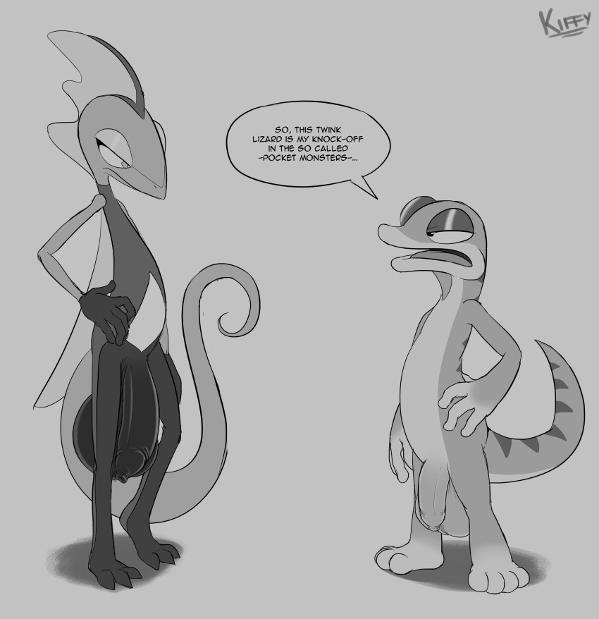 3_toes 4_fingers 4_toes 5_fingers absurd_res anthro ball_size_difference balls big_balls big_penis dialogue duo feet fingers foreskin generation_8_pokemon genitals gex_(series) gex_the_gecko hi_res huge_balls huge_penis inteleon kiffy220 lizard long_tail male male/male nintendo nude open_mouth penis penis_size_difference pokemon pokemon_(species) reptile scalie tail toes