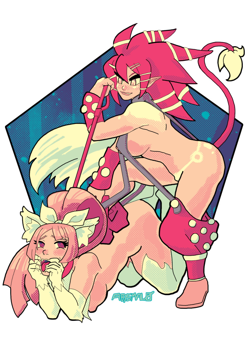 2girls abysmal0 all_fours animal_collar bdsm beast_master_(disgaea) bondage bound collar disgaea highres multiple_girls nekomata nekomata_(disgaea) pet_play pointy_ears tail yuri