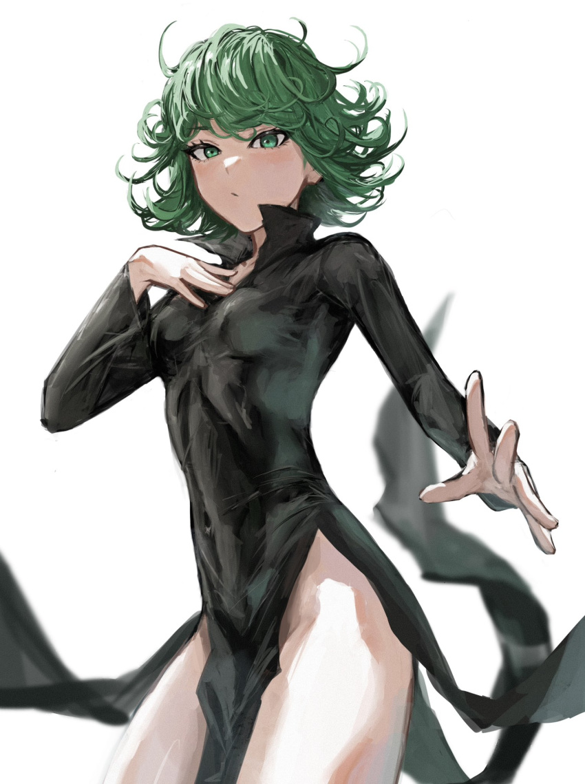 1girl black_dress blush breasts closed_mouth cowboy_shot dress flipped_hair floating_clothes green_eyes green_hair hand_on_own_chest highres long_sleeves no_panties one-punch_man raberu_ruru short_hair small_breasts solo tatsumaki