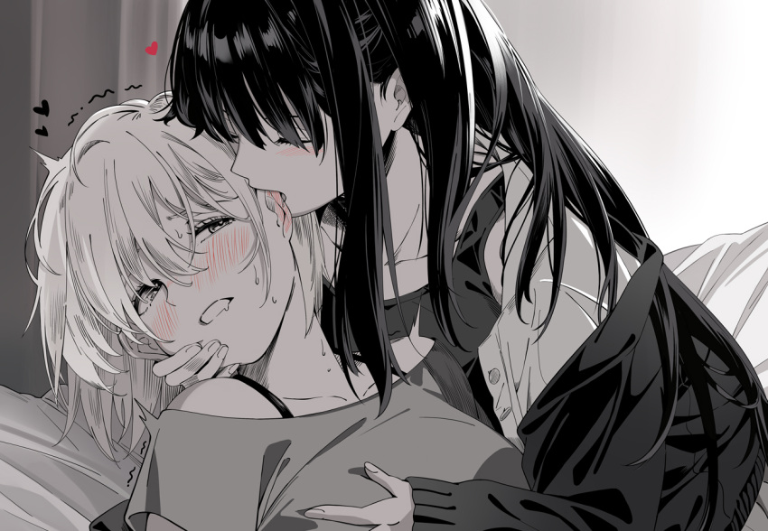2girls biting blush breasts cardigan closed_eyes collarbone commentary drooling ear_biting ear_blush grabbing grabbing_another's_breast greyscale heart inoue_takina jacket large_breasts long_hair looking_at_another lycoris_recoil monochrome mouth_drool multiple_girls neko_(yanshoujie) nishikigi_chisato off-shoulder_shirt off_shoulder open_cardigan open_clothes open_jacket open_mouth shirt short_hair sidelocks sleeves_past_wrists spot_color sweat symbol-only_commentary tank_top trembling yuri