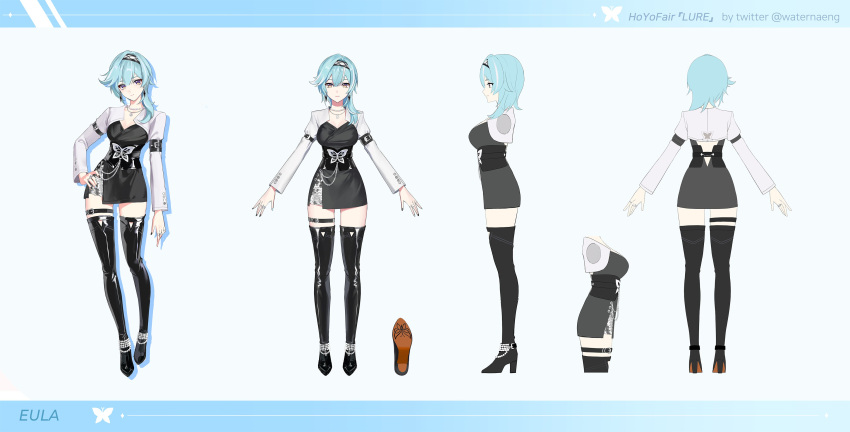 0jae 1girl absurdres alternate_costume asymmetrical_hair black_footwear black_hairband black_nails black_straps blue_hair blue_nails boots character_name closed_mouth earrings eula_(genshin_impact) genshin_impact hairband hand_on_own_hip high_heels highres jewelry long_sleeves looking_at_viewer multiple_rings multiple_views necklace pearl_necklace purple_eyes reference_sheet ring short_hair simple_background smile standing thigh_boots thigh_strap