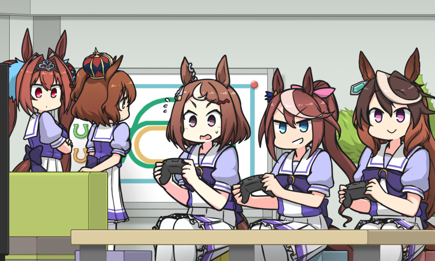 5girls animal_ears antenna_hair arm_behind_back aston_machan_(umamusume) blue_eyes bow bowtie brown_hair chair controller crossed_arms crown daiwa_scarlet_(umamusume) earrings game_controller hair_intakes hair_ornament hairclip hamu_koutarou high_ponytail highres holding holding_controller holding_game_controller horse_ears horse_girl horse_tail horseshoe_ornament jewelry long_hair looking_at_another mini_crown multicolored_hair multiple_girls over-kneehighs pink_bow pleated_skirt puffy_short_sleeves puffy_sleeves purple_bow purple_bowtie purple_eyes purple_serafuku purple_shirt red_eyes sailor_collar sailor_shirt school_uniform serafuku shirt short_hair short_sleeves single_earring sitting skirt streaked_hair symboli_rudolf_(umamusume) tail thighhighs tiara tokai_teio_(umamusume) tracen_school_uniform tsurumaru_tsuyoshi_(umamusume) twintails two-tone_hair umamusume very_long_hair white_hair white_skirt white_thighhighs whiteboard