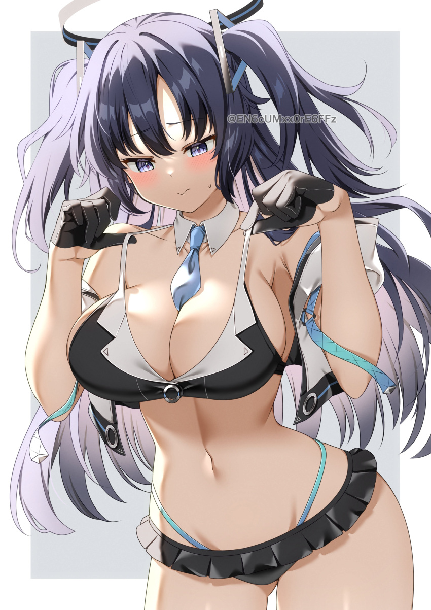 1girl absurdres bare_shoulders bikini black_bikini black_gloves blue_archive blush breasts character_request commentary_request cowboy_shot gloves hands_up highres large_breasts long_hair navel purple_eyes purple_hair solo standing stomach swimsuit two_side_up very_long_hair yamano_rokamizu
