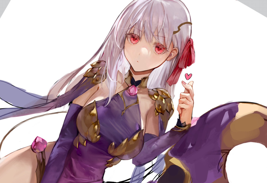 1girl armor bare_shoulders bikini_armor blush bracelet breasts circlet collar daeraeband detached_sleeves dress earrings fate/grand_order fate_(series) hair_ribbon heart highres jewelry kama_(fate) kama_(second_ascension)_(fate) large_breasts long_hair looking_at_viewer metal_collar purple_dress purple_sleeves red_eyes ribbon solo white_hair