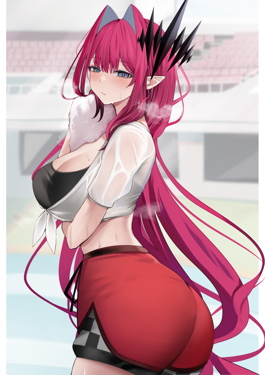 1girl absurdres ass baobhan_sith_(fate) blush breasts fate/grand_order fate_(series) grey_eyes highres large_breasts long_hair looking_at_viewer pink_hair pointy_ears red_shorts san_(harutuki_3) shirt short_sleeves shorts sidelocks solo sweat sweaty_clothes tiara tied_shirt towel white_shirt