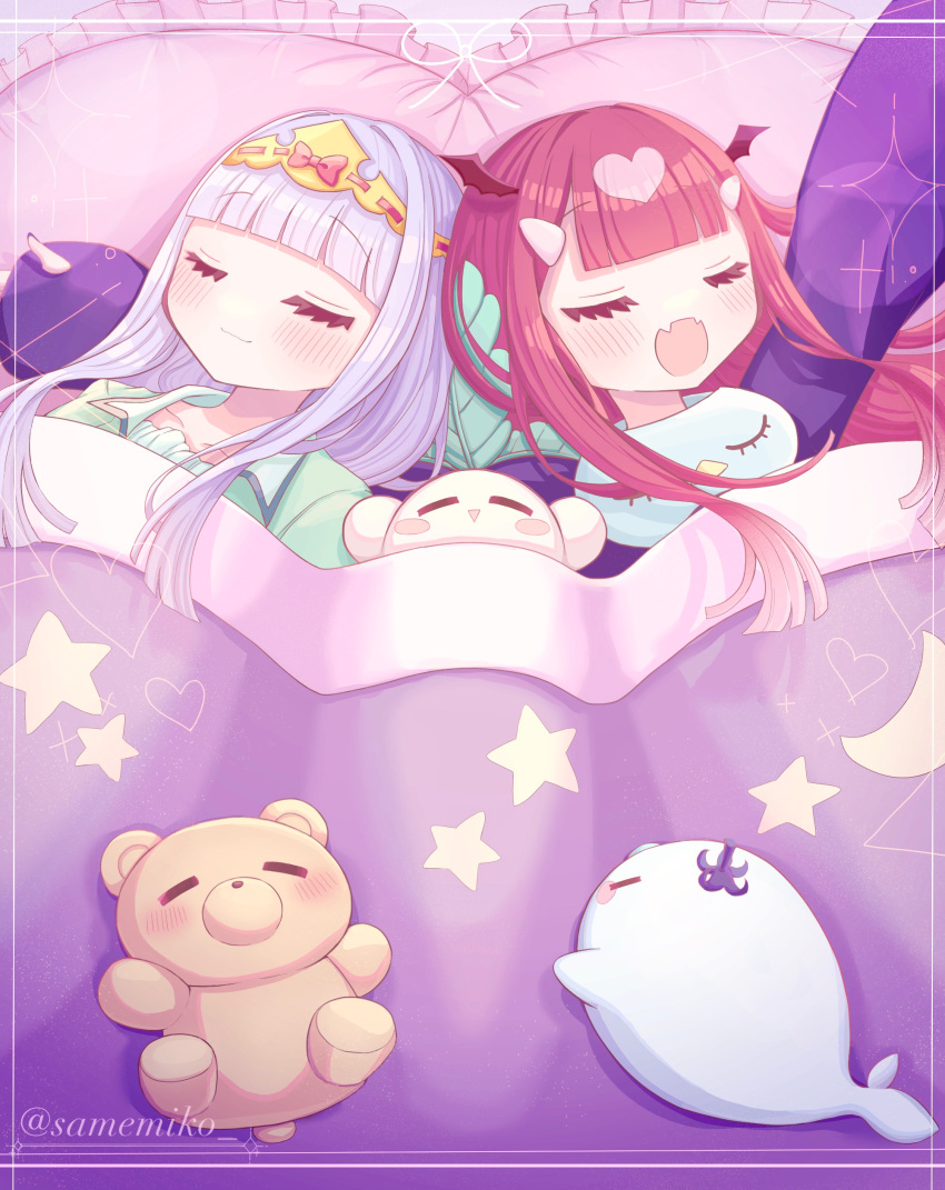 2girls absurdres aurora_sya_lis_kaymin blunt_bangs blush brown_hair closed_eyes daikon eggplant_seal facing_viewer fangs green_pajamas grey_hair head_wings headband heart highres horns long_hair lying maou-jou_de_oyasumi multiple_girls on_back pajamas radish rain_candy_556 sleeping star_(symbol) star_print succyun teddy_demon twitter_username under_covers wings yellow_headband