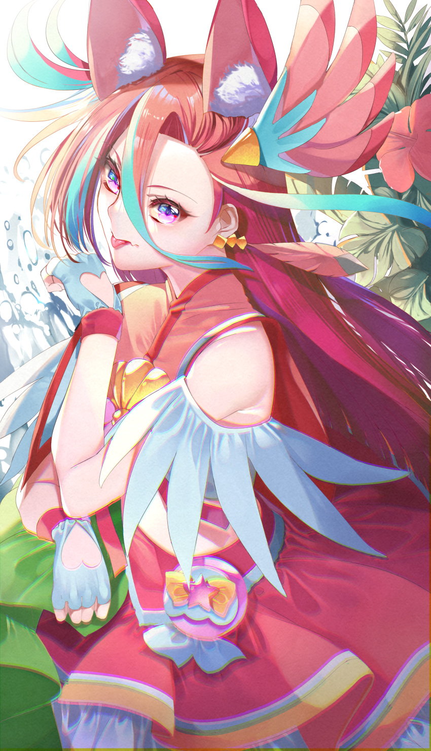 1girl :p absurdres animal_ears blue_hair cat_ears closed_mouth clothing_cutout commentary cropped_shirt cure_flamingo earrings fake_animal_ears feather_earrings feathers fingerless_gloves gloves hair_between_eyes heart_cutout highres jewelry long_hair looking_at_viewer magical_girl midriff miniskirt multicolored_hair pouch precure purple_eyes red_hair red_shirt red_skirt shell_brooch shirt skirt sleeveless sleeveless_shirt smile solo star_(symbol) takizawa_asuka tongue tongue_out triangle_earrings tropical-rouge!_precure two-tone_hair very_long_hair water_drop white_gloves yuutarou_(fukiiincho)