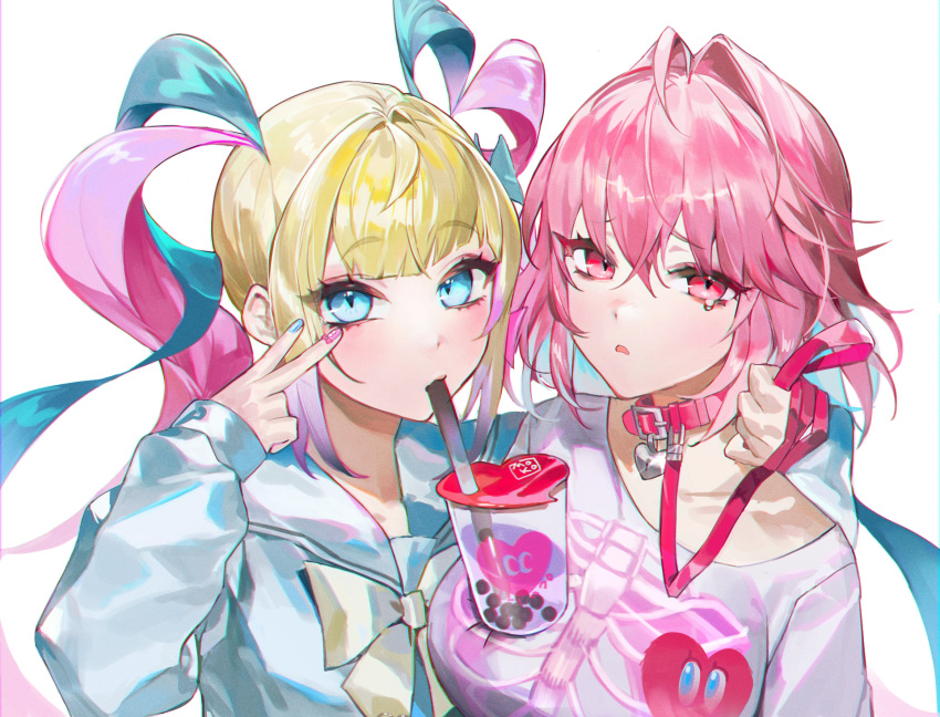 2girls belt_collar blonde_hair blue_eyes blue_hair blue_nails blue_sailor_collar blue_shirt bow bowtie bubble_tea bubble_tea_challenge chouzetsusaikawa_tenshi-chan clip_studio_paint_(medium) collar drinking drinking_straw heart-shaped_lock heart_on_chest highres holding holding_leash idolmaster idolmaster_cinderella_girls leash long_hair long_sleeves looking_at_viewer moko_(moko/moko) multicolored_nails multiple_girls needy_girl_overdose open_mouth pink_collar pink_eyes pink_hair pink_nails quad_tails revision sailor_collar school_uniform serafuku shirt short_hair skeleton_print t-shirt tears trait_connection upper_body v very_long_hair white_shirt yellow_bow yellow_bowtie yumemi_riamu