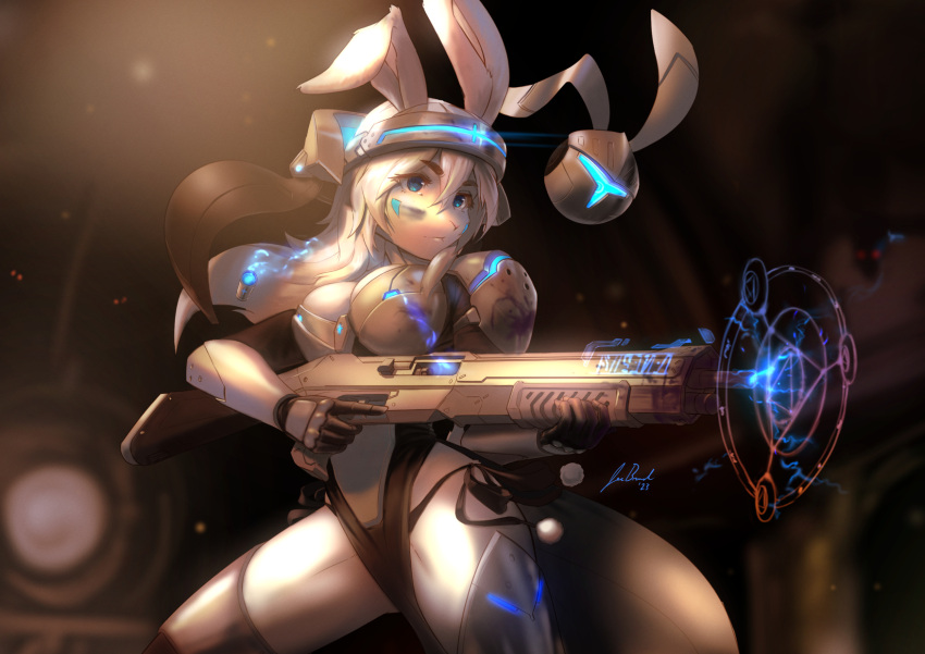 2023 5_fingers anthro armor artist_name ayla_leparc big_breasts blue_eyes blurred_background bottomwear breasts cleavage clothed clothing eyebrows eyelashes female fingers fur futuristic gauntlets gloves greaves gun hair handwear headgear helmet hi_res holding_gun holding_object holding_rifle holding_weapon jecbrush lagomorph leporid loincloth long_hair mammal nun panties pauldron rabbit ranged_weapon signature solo underwear visor weapon white_body white_fur white_hair