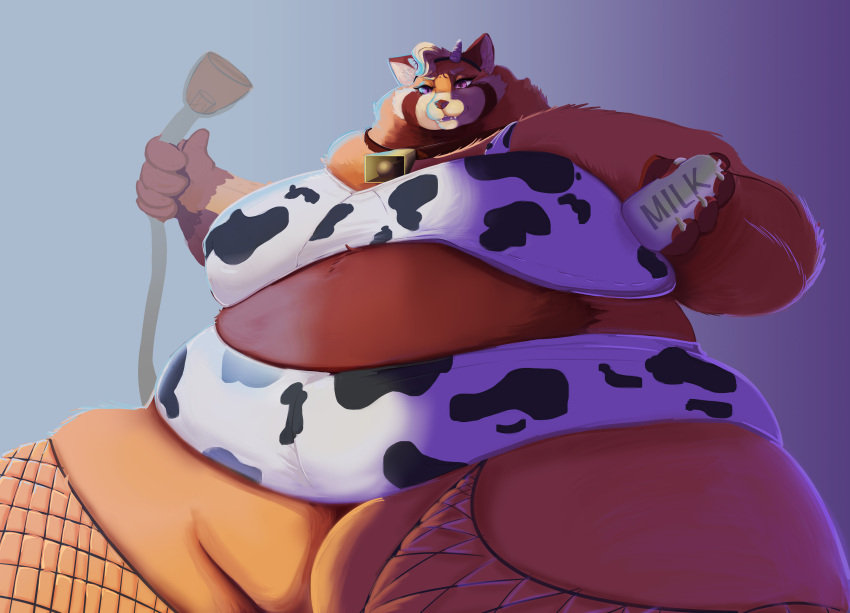 absurd_res ailurid anthro bell belly big_belly bottle breasts chubby_female clothing container cowgirl_outfit female fishnet hi_res horn legwear mammal overweight overweight_anthro overweight_female pump red_panda ruby_panda ruby_panda_(artist) solo stockings thick_thighs wide_hips