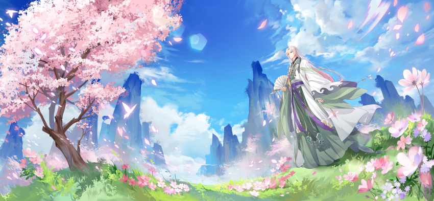 1boy absurdres blue_sky bug butterfly camellia cherry_blossoms chinese_clothes chinese_commentary closed_mouth cloud cloudy_sky commentary_request day falling_petals flower folding_fan glowing_butterfly gradient_hair grass green_eyes green_robe hair_between_eyes hair_ornament hand_fan hand_up hanfu highres holding holding_fan lens_flare long_hair long_sleeves longjing_shrimp_(the_tale_of_food) luo_kong male_focus mountain multicolored_hair outdoors parted_bangs petals pink_flower pink_hair plant purple_sash robe sash scenery sidelocks sky sleeves_past_wrists solo standing tassel the_tale_of_food tree white_flower white_hair wide_sleeves