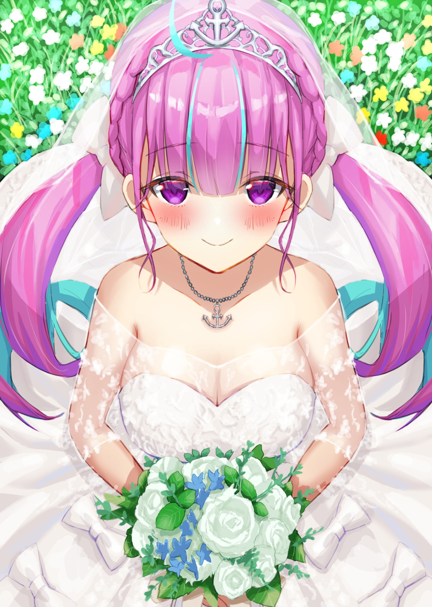 1girl ahoge alternate_costume anchor_necklace black_skirt blue_hair blunt_bangs blush bouquet braid breasts bridal_veil bride cleavage colored_inner_hair commentary dress drill_hair flower french_braid highres holding holding_bouquet hololive jewelry long_hair looking_at_viewer medium_breasts minato_aqua multicolored_hair necklace purple_eyes purple_hair sidelocks skirt solo strapless strapless_dress streaked_hair tarunyan twin_braids twin_drills twintails two-tone_hair veil virtual_youtuber wedding_dress white_dress