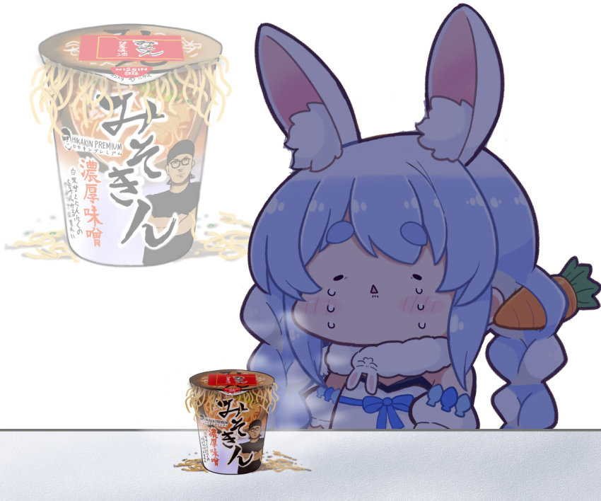 1girl animal_ear_fluff animal_ears blue_hair braid carrot_hair_ornament commentary_request crying cup_ramen detached_sleeves don-chan_(usada_pekora) food food-themed_hair_ornament hair_ornament hololive matarou_(matarou072) messy multicolored_hair noodles rabbit_ears rabbit_girl solo steam tears thick_eyebrows translation_request twin_braids two-tone_hair usada_pekora virtual_youtuber white_hair