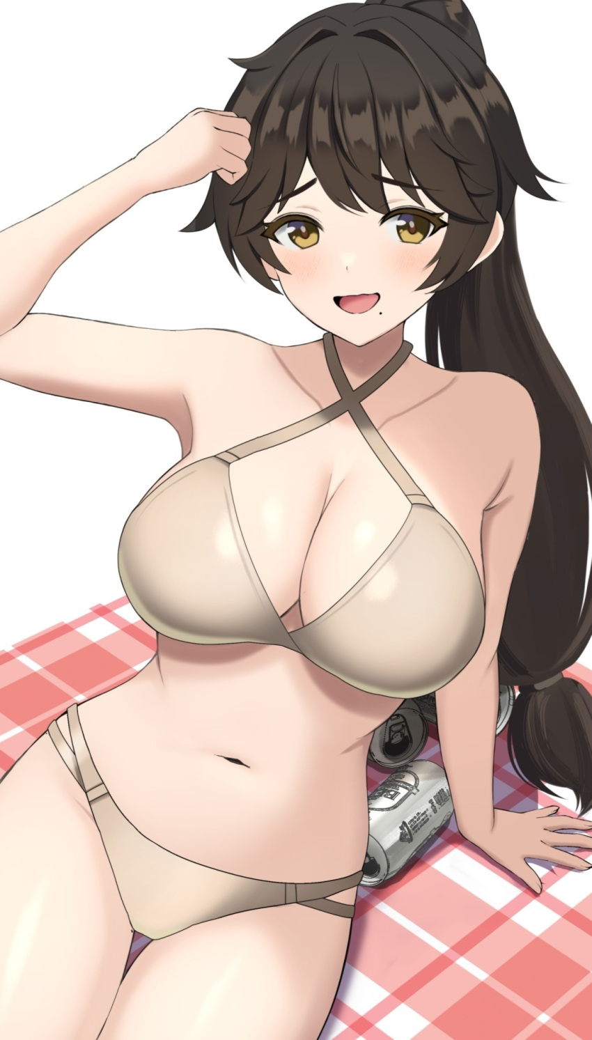 1girl arm_support arm_up armpit_crease bare_arms bare_shoulders beer_can bikini black_hair blanket blush breasts can cleavage commentary cowboy_shot criss-cross_halter dolphin_wave grey_bikini halterneck hand_on_own_head high_ponytail highres large_breasts long_hair looking_at_viewer mole mole_under_mouth multi-strapped_bikini multi-strapped_bikini_bottom navel open_mouth ponytail raised_eyebrows simple_background sitting smile solo stomach surippa1010 swimsuit thigh_gap very_long_hair wavy_mouth white_background yabame_yume yellow_eyes