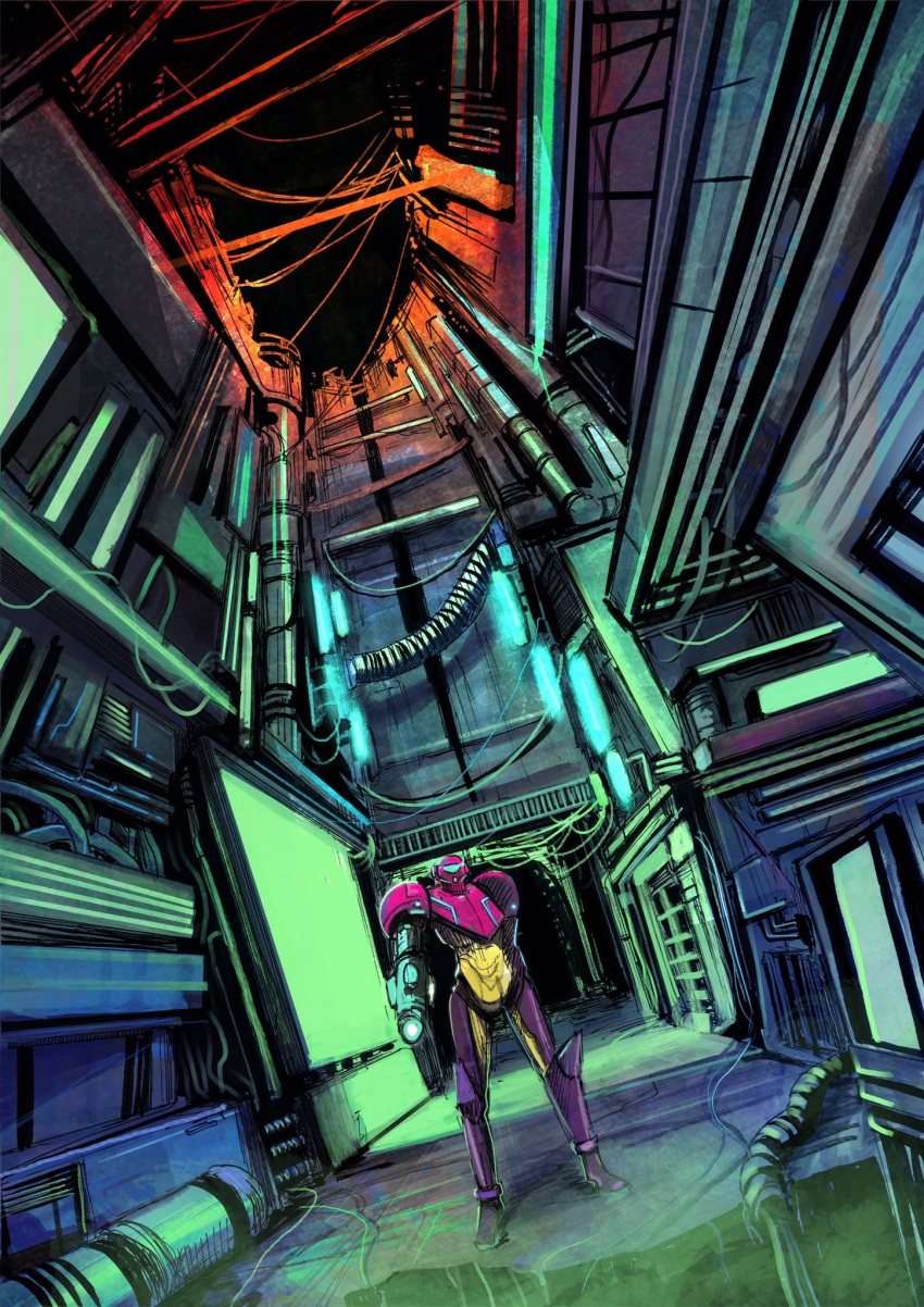 1girl aki-t_(akitbfpf144) arm_cannon armor assault_visor cable commentary dutch_angle english_commentary full_body glowing glowing_weapon gravity_suit_(metroid) hallway helmet highres industrial_pipe metroid monitor power_armor purple_armor samus_aran science_fiction solo standing weapon