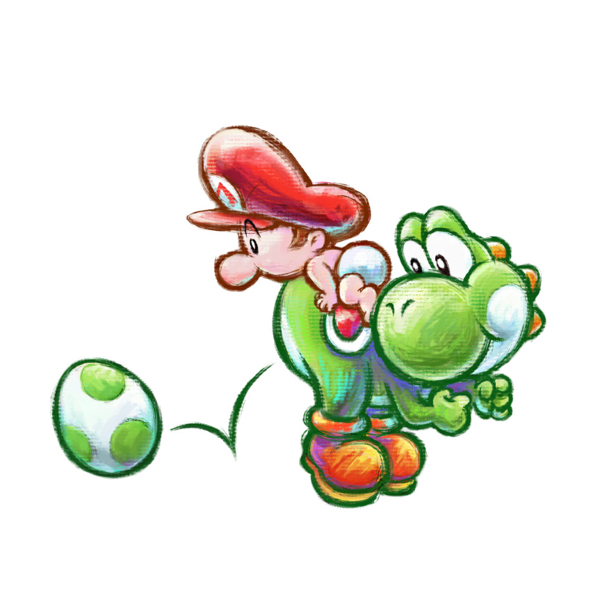 1boy 1other absurdres baby_mario boots brown_footwear diaper egg hat highres mario_(series) official_art red_headwear simple_background transparent_background yoshi yoshi's_new_island