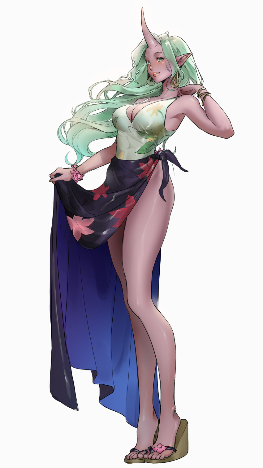 1girl absurdres breasts cleavage colored_skin dialxu earrings english_commentary floral_print green_hair highres horns jewelry league_of_legends long_hair parted_lips pink_scrunchie pointy_ears purple_horns purple_skin sandals scrunchie simple_background single_horn solo soraka_(league_of_legends) standing swimsuit very_long_hair white_background wrist_scrunchie