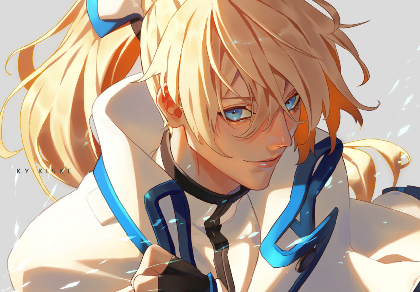 1boy black_gloves blonde_hair blue_eyes fingerless_gloves gloves guilty_gear guilty_gear_xrd hair_between_eyes ky_kiske long_hair looking_at_viewer male_focus ponytail smile tail tail_ornament talgi