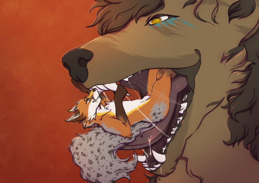 anthro black_nose blue_eyes bodily_fluids brown_body brown_fur brown_hair canid cheek_tuft drooling duo facial_tuft fangs fur grey_body grey_fur hair in_mouth lionfloof male mammal mouth_closed nude open_mouth orange_body orange_fur saliva saliva_string simple_background teeth tuft white_body white_fur yellow_eyes