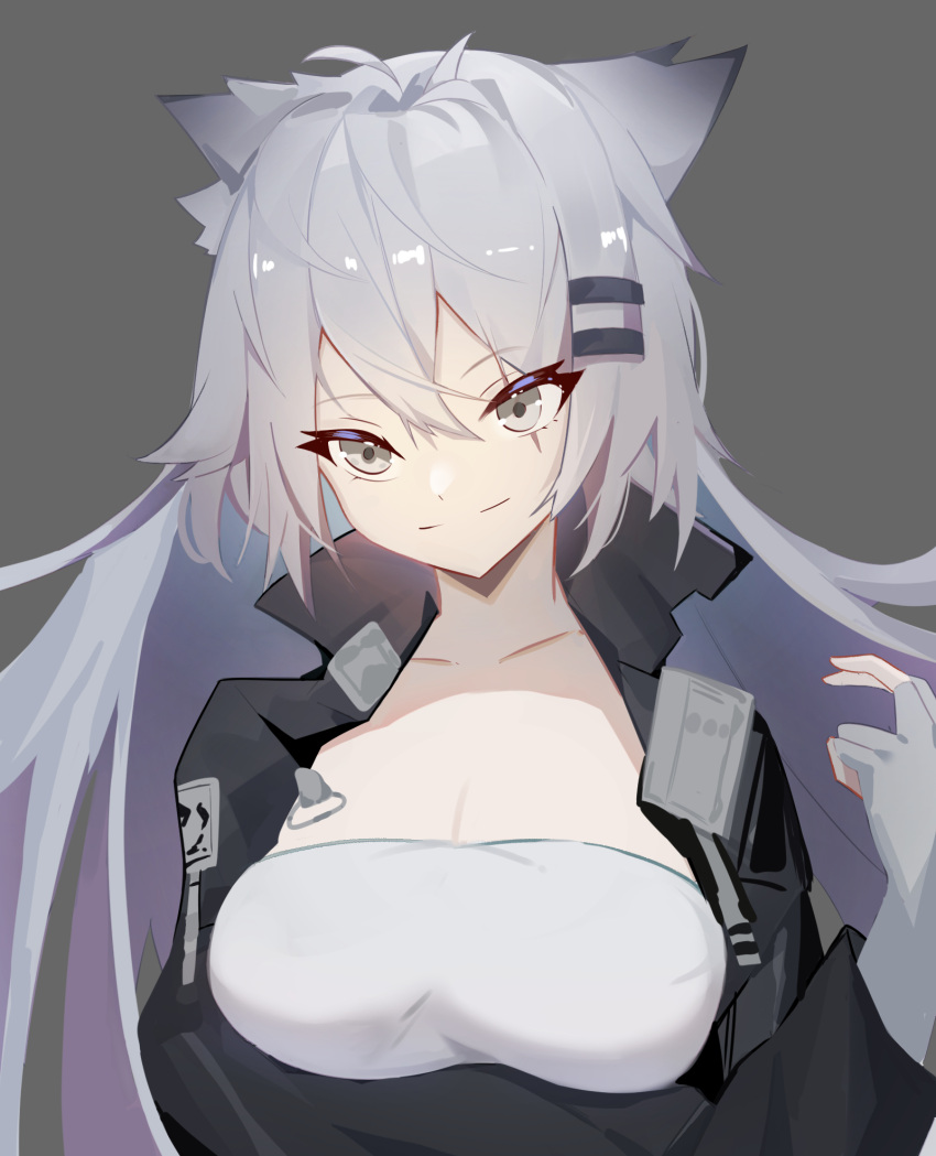 1girl animal_ears arknights black_jacket breasts commentary_request fingerless_gloves gloves grey_background grey_eyes grey_gloves grey_hair hair_ornament hairclip hand_up highres jacket lappland_(arknights) large_breasts long_hair looking_at_viewer open_clothes open_jacket scar scar_across_eye simple_background smile solo strapless tube_top twilight_(cgkk4357) upper_body very_long_hair wolf_ears