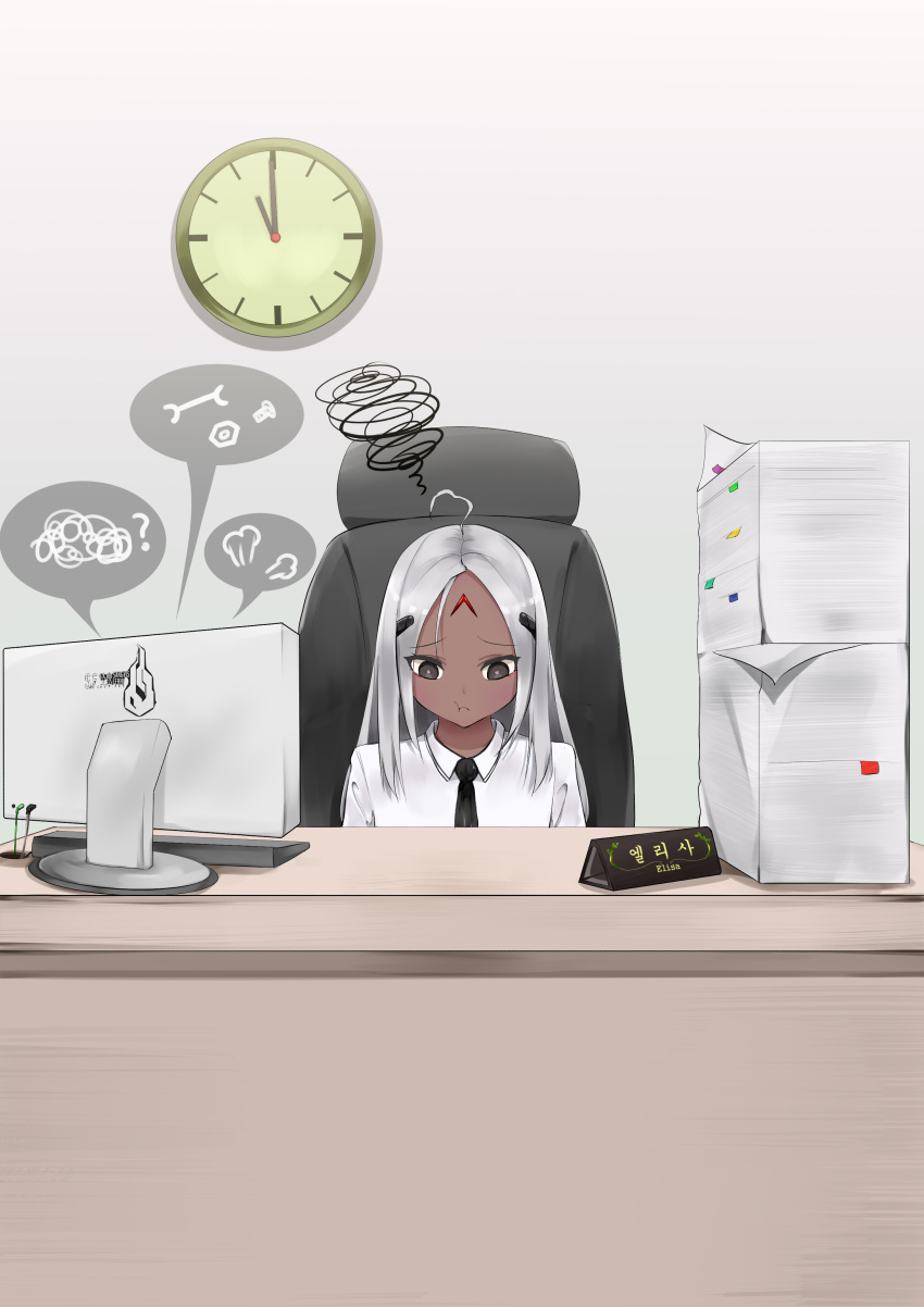1girl :t =3 absurdres ahoge alternate_costume analog_clock black_necktie blush bolt brown_eyes chair character_name clock closed_mouth collared_shirt commentary_request computer dark-skinned_female dark_skin desk elisa_(girls'_frontline) facial_mark forehead_mark frown girls'_frontline hair_ornament highres indoors keyboard_(computer) korean_commentary korean_text logo long_hair mixed-language_text monitor multilingual nameplate necktie nut_(hardware) office_chair office_lady paper_stack sad sangvis_ferri shirt sitting solo spoken_object squiggle straight-on swivel_chair tonguei upper_body white_hair white_shirt wooden_desk wrench