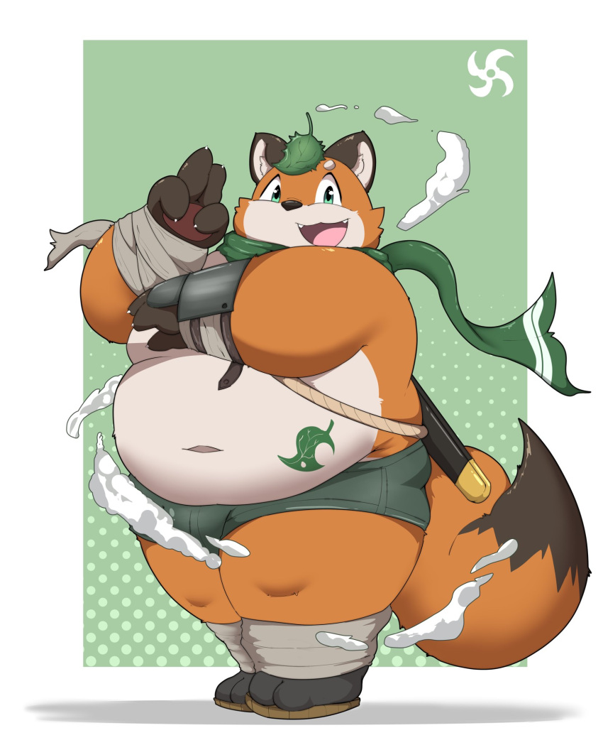 2023 anthro belly big_belly black_nose bottomwear canid canine clothing fox hi_res humanoid_hands kemono kusosensei leaf male mammal navel ninja orange_body overweight overweight_male scarf shorts solo warrior
