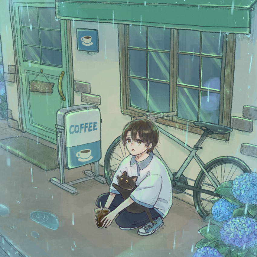 1boy :o bicycle black_cat black_hair black_pants blue_flower blue_footwear brown_eyes cafe cat collared_shirt commentary_request commission cup disposable_cup door drink drinking_straw flower hair_between_eyes highres holding holding_cup holding_drink hydrangea male_focus open_mouth open_sign original outdoors pants polo_shirt port_(portzzz) puddle rain shirt shoes short_hair short_sleeves sign sneakers solo squatting white_shirt window wing_collar