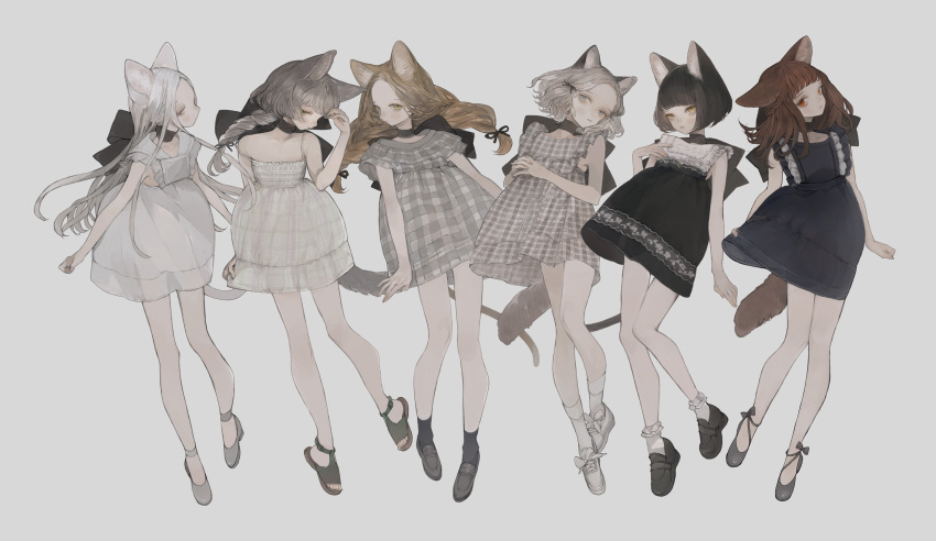 6+girls animal_ear_fluff animal_ears bare_arms bare_shoulders black_choker black_dress black_footwear black_hair black_socks blue_eyes blunt_bangs bob_cut bow bow_choker braid braided_ponytail cat_ears cat_girl cat_tail choker collarbone dress footwear_bow frilled_dress frilled_socks frills full_body gingham gingham_dress green_eyes grey_background grey_dress grey_eyes grey_footwear grey_hair hair_ribbon half-closed_eyes hand_on_own_chest hand_up highres knees_together_feet_apart loafers long_hair looking_at_viewer low_ponytail medium_hair multiple_girls nekosuke_(oxo) original own_hands_together parted_lips red_eyes revision ribbon sandals shoes short_dress short_hair simple_background single_braid skirt_hold sleeveless sleeveless_dress socks spaghetti_strap strap_slip tail twin_braids wavy_hair white_dress white_footwear white_hair white_socks yellow_eyes