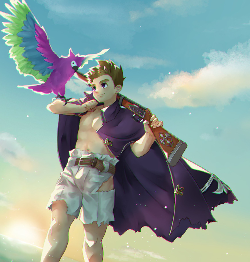 1boy belt bird blue_eyes blue_sky brown_hair chromatic_aberration closed_mouth coat coat_on_shoulders collared_coat cover_image feet_out_of_frame gun highres holding holding_gun holding_weapon horns light_particles looking_at_another male_focus muscular muscular_male no_shirt pants parrot purple_coat robinson_(housamo) short_hair sky smile solo tass_commuovere thick_eyebrows tokyo_afterschool_summoners torn_clothes torn_coat torn_pants weapon white_pants