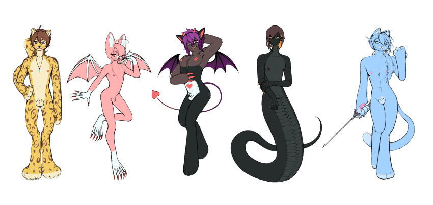 2_horns 4_fingers 4_toes 5_fingers 5_toes abs absurd_res ahoge alternate_species animal_genitalia anthro anthrofied apode aster_(nu:_carnival) athletic athletic_anthro athletic_male balls bangs bat belly belly_markings belly_scales big_pecs black_body black_fur black_scales blue_balls blue_body blue_fur blue_hair brown_body brown_fur brown_hair chest_tuft clawed_fingers claws collarbone curvy_figure demon digitigrade domestic_cat draconcopode dreamscreep edmond_(nu:_carnival) eiden_(nu:_carnival) fangs feet felid feline felis fingerless_(marking) fingers fully_sheathed fur furrification gem genitals girly gloves_(marking) group hair hair_over_eye hand_behind_head hand_on_hip handpaw heart_(marking) hi_res highlights_(coloring) hindpaw holding_object holding_sword holding_weapon horn hourglass_figure humanoid_hands jewelry leg_markings legless leopard leopard_spots living_tail long_hair male mammal markings melee_weapon membrane_(anatomy) membranous_wings morvay_(nu:_carnival) naga necklace necklace_only nipples nu:_carnival nude one_eye_obstructed open_mouth open_smile orange_claws orange_hair pantherine pawpads paws pecs pink_balls pink_body pink_fur pink_hair pink_nipples pink_wings ponytail pose prick_ears pubes purple_hair purple_wings rainbow red_claws red_nipples reptile scales scalie serpentine sheath short_hair skinny slim slit smile snake snake_tail socks_(marking) spade_tail spots spotted_body spotted_fur standing sword tail teeth toeless_(marking) toes tuft unusual_anatomy unusual_tail weapon white_balls wings yakumo_(nu:_carnival) yellow_body yellow_fur