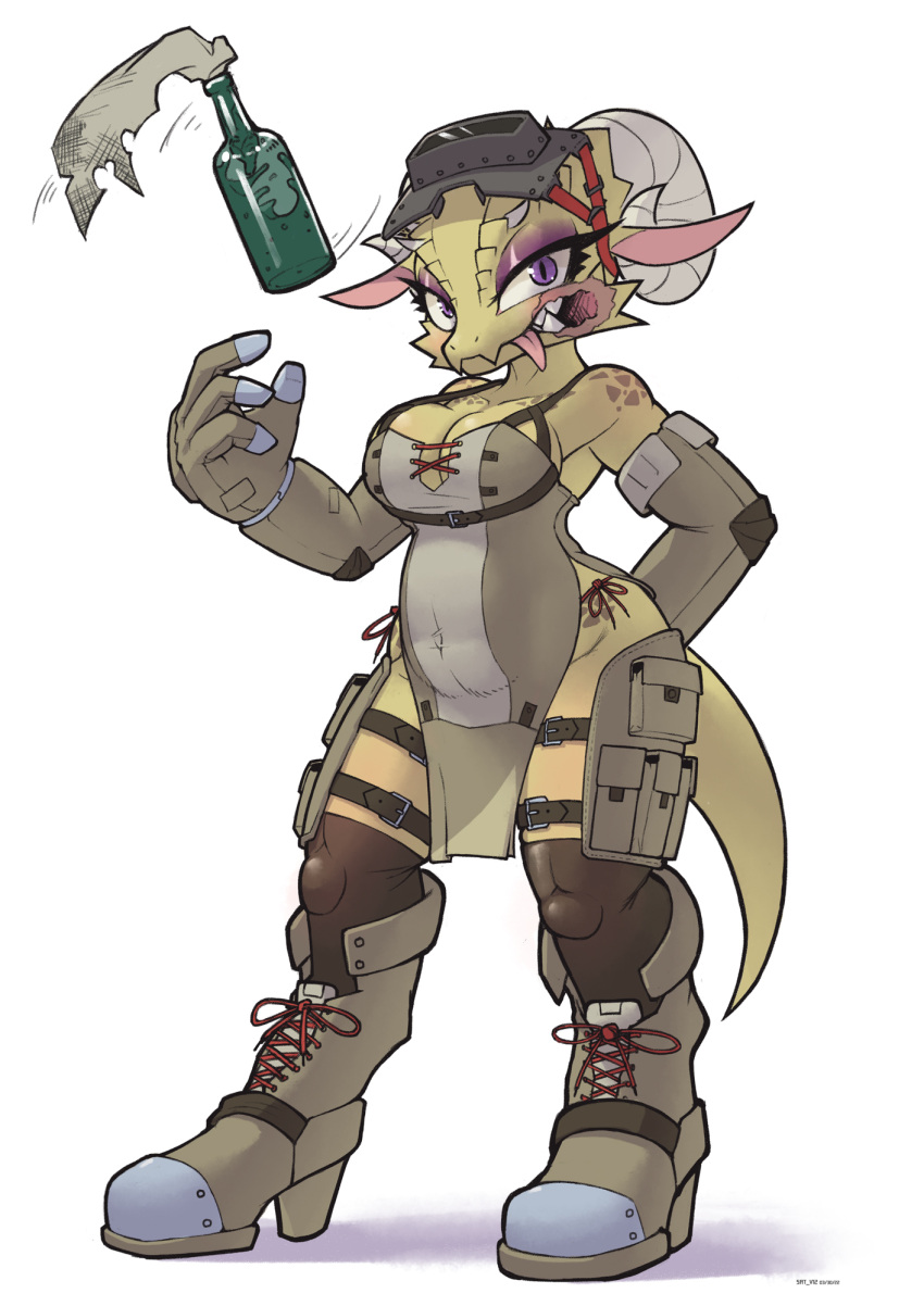 2022 4_fingers anthro boots breasts clothing face_shield female fingers footwear gloves green_body handwear hi_res horn kobold looking_at_viewer mask molotov_cocktail purple_eyes sat_v12 scar simple_background solo teeth tongue tongue_out welding_mask white_background