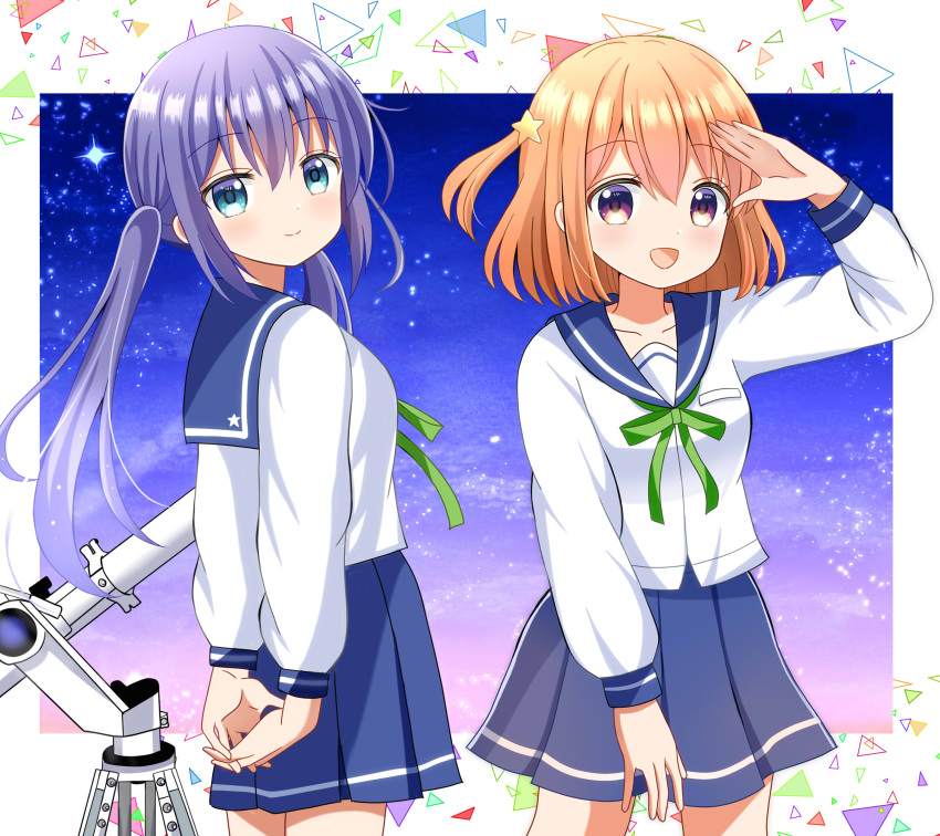 2girls absurdres blue_eyes blue_hair blue_sailor_collar blue_skirt blush brown_eyes closed_mouth collared_shirt hair_between_eyes hair_ornament highres koisuru_asteroid konohata_mira long_hair long_sleeves manaka_ao multiple_girls orange_hair pleated_skirt ryoutan sailor_collar school_uniform serafuku shirt short_hair skirt smile star_(symbol) star_hair_ornament telescope twintails