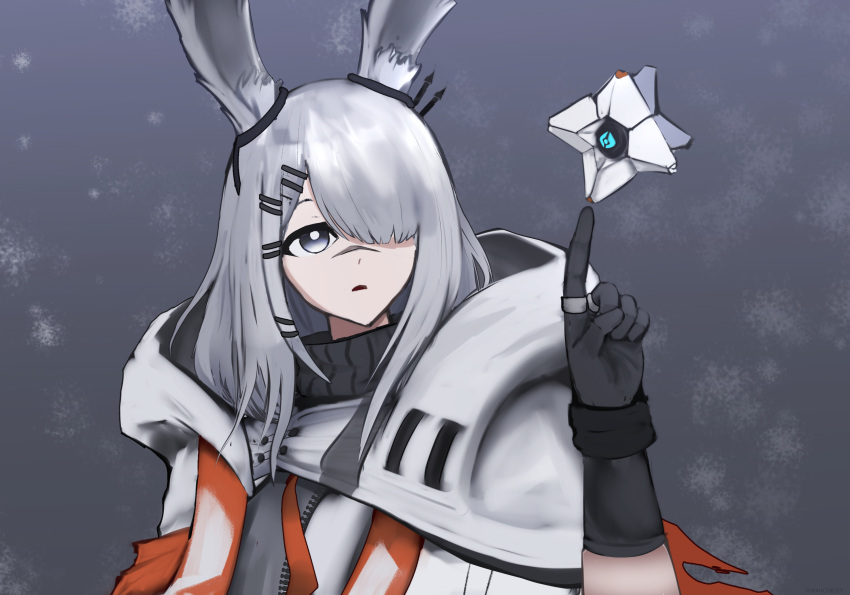 1girl animal_ears arknights black_gloves chez_(m4hche3zy) coat destiny_(game) frostnova_(arknights) ghost_(destiny) gloves grey_eyes grey_hair hair_ornament hair_over_one_eye hairclip highres holding jacket long_hair rabbit_ears scar scar_on_face scar_on_nose shirt simple_background solo tagme white_hair