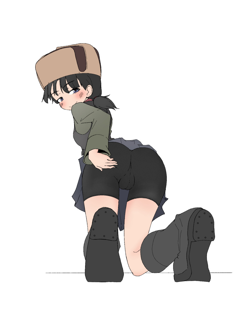 1girl bike_shorts bike_shorts_under_skirt black_footwear black_hair black_shorts black_skirt black_vest blue_eyes blush boots brown_headwear closed_mouth commentary from_behind fur_hat girls_und_panzer green_jacket guropara half-closed_eyes hand_on_own_ass hat highres jacket kneeling long_sleeves looking_at_viewer looking_back low_twintails military_uniform miniskirt nina_(girls_und_panzer) pleated_skirt pravda_military_uniform short_hair short_twintails shorts simple_background skirt smile solo trefoil twintails uniform ushanka vest white_background