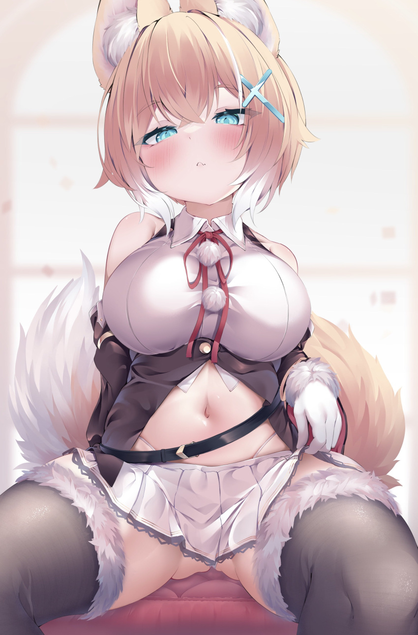1girl absurdres animal_ear_fluff animal_ears bare_shoulders black_jacket black_thighhighs blonde_hair blue_eyes breasts clothes_lift crop_top detached_sleeves fang feet_out_of_frame fox_ears fox_girl fox_tail fur-trimmed_gloves fur-trimmed_thighhighs fur_trim gloves hair_between_eyes highres jacket konagi_(konotuki) lifted_by_self light_blush light_frown looking_at_viewer medium_breasts medium_hair microskirt midriff multicolored_hair navel original pom_pom_(clothes) red_ribbon ribbon shirt sitting skin_fang skirt skirt_lift sleeveless sleeveless_jacket sleeveless_shirt tail thighhighs thighs underbust white_gloves white_shirt