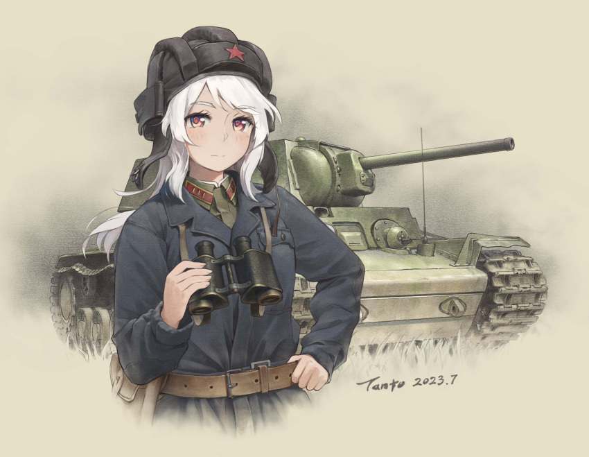 artist_name belt binoculars black_headwear blue_jacket brown_belt dated expressionless green_shirt highres holding holding_binoculars jacket military_uniform military_vehicle motor_vehicle original red_eyes red_star shirt simple_background soviet_army t-34 tank tanto_(tc1995) uniform white_hair