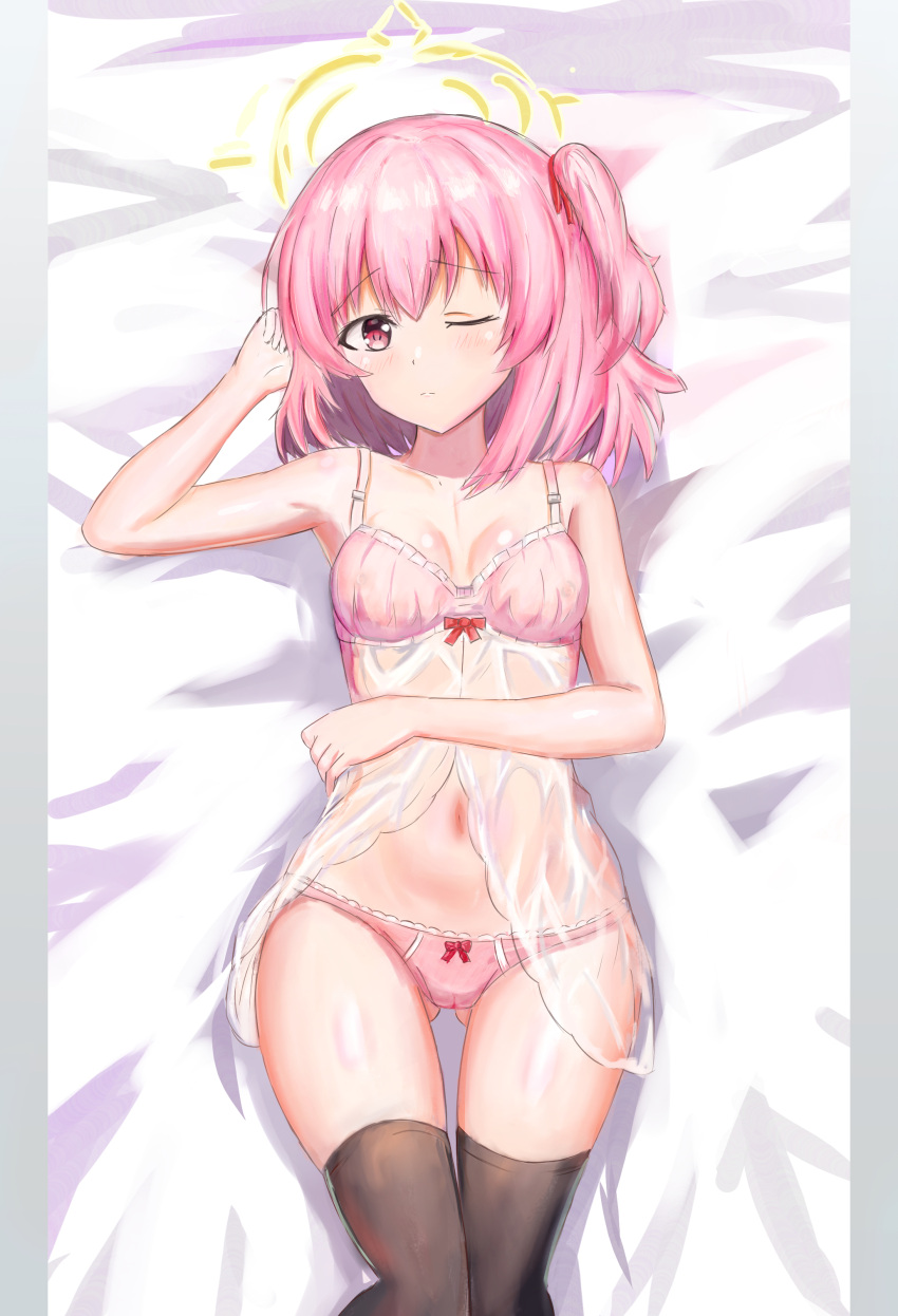 1girl absurdres bed blue_archive bra breasts closed_mouth collarbone commentary flygombal halo highres lingerie looking_at_viewer lying medium_hair navel one_eye_closed panties pink_eyes pink_hair see-through serina_(blue_archive) small_breasts solo thighhighs underwear